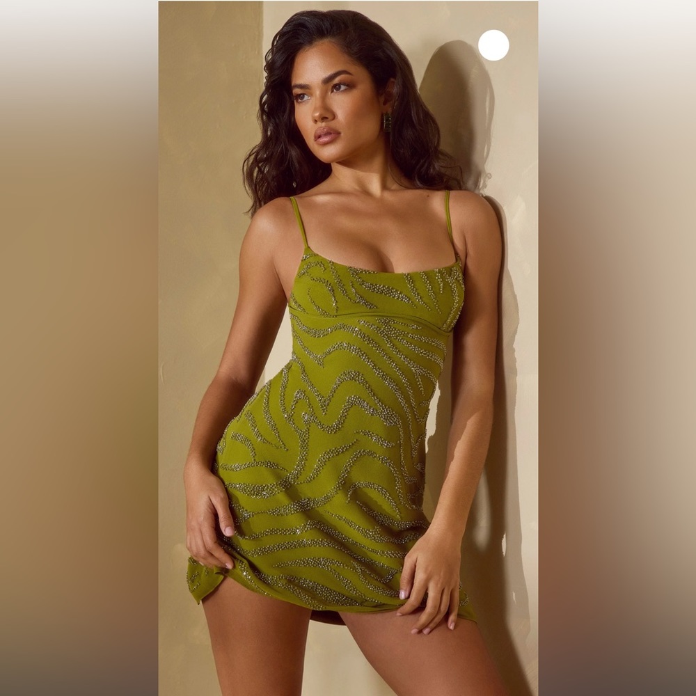 Oh Polly LEONARA Embellished A-Line Mini Dress in Olive